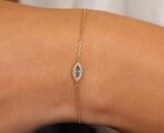 14K Solid Gold Dainty Diamond & Sapphire Evil Eye Bracelet - Image 6