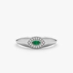 14K Solid Gold Emerald & Natural Diamond Evil Eye Ring - Image 2