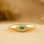 14K Solid Gold Emerald & Natural Diamond Evil Eye Ring - Image 5