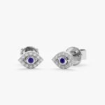 18k Solid Gold Mini Diamond Sapphire Evil Eye Studs - Image 2