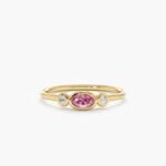 18K Solid Gold Oval Natural Diamond and Pink Sapphire