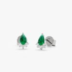 18k Solid Gold Pear Cut Emerald Diamond Stud Earrings - Image 2