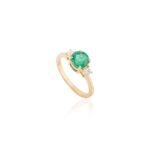 18K Solid Gold Emerald & Diamond Three-Stone Engagement Ring - Image 3
