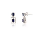 14K Solid Gold Baguette Cut Blue Sapphire Dangle Earrings - Image 3