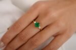 18K Solid Gold Emerald & Diamond Three-Stone Engagement Ring - Image 6