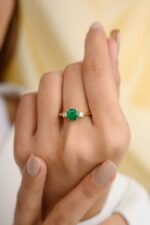 18K Solid Gold Emerald & Diamond Three-Stone Engagement Ring - Image 7