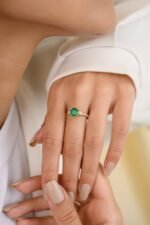 18K Solid Gold Emerald & Diamond Three-Stone Engagement Ring - Image 2