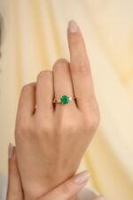18K Solid Gold Emerald & Diamond Three-Stone Engagement Ring - Image 4
