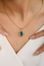 14K Gold Emerald Halo Diamond Pendant - Image 5