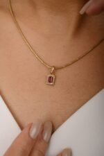 14K Solid Gold Ruby Halo Diamond Pendant - Image 5