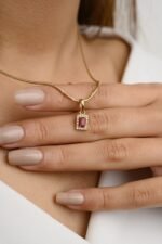 14K Solid Gold Ruby Halo Diamond Pendant - Image 2