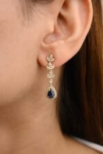 18k Solid Gold Blue Sapphire Diamond Dangle Earrings - Image 4