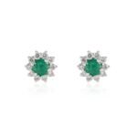 14K Solid Gold Halo Diamond Emerald Stud Earrings