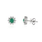 14K Solid Gold Halo Diamond Emerald Stud Earrings - Image 3