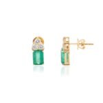 18k Solid Gold Emerald Three Diamond Stud Earrings - Image 3