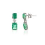 14K Solid Gold Real Emerald and Diamond Dangle Earrings - Image 3