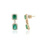 18k Solid Gold 4Ct Emerald and Diamond Dangle Earrings - Image 3
