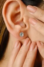 18k Solid Gold Blue Topaz Round Solitaire Stud - Image 2