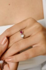 18K Solid Gold Heart Diamond & Oval Ruby Toi et Moi Ring - Image 2