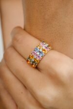 18K Solid Gold Multi Sapphire Diamond Wide Band Ring - Image 6