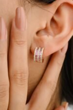 18k Solid Gold Pink Sapphire & amp; Diamond Huggie Hoop Earring - Image 2