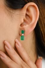 14K Solid Gold Real Emerald and Diamond Dangle Earrings - Image 2