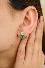 18k Solid Gold Emerald Three Diamond Stud Earrings - Image 2