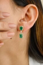18k Solid Gold 4Ct Emerald and Diamond Dangle Earrings - Image 2