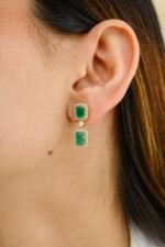 18k Solid Gold 4Ct Emerald and Diamond Dangle Earrings - Image 4