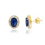18k Solid Gold Blue Sapphire Halo Diamond Stud Earrings - Image 3