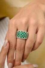 14K Solid Gold Emerald Diamond Wide Band - Image 3