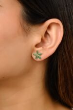 18k Solid Gold Emerald Flower Stud Earrings - Image 2