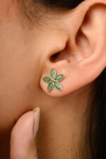 18k Solid Gold Emerald Flower Stud Earrings - Image 3