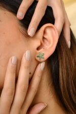 18k Solid Gold Emerald Flower Stud Earrings - Image 5