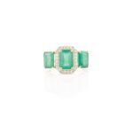 18K Solid Gold Three Stone Emerald Diamond Ring