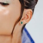 18k Solid Gold Emerald & Baguette Diamond Halo Studs - Image 2