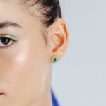 18k Solid Gold Emerald & Baguette Diamond Halo Studs - Image 5