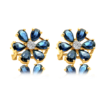 14K Solid Gold Diamond Navy Sapphire Flower Earring