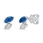 14K Solid Gold Double Marquise Diamond and Sapphire Earring Stud