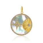 14K Solid Gold Mother of Pearl Diamonds Moon and Star Pendant