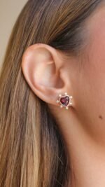 18k Solid Gold Diamond Spikes Garnet Heart Earring - Image 2