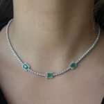 18k Solid Gold Diamond Tennis Triple Emerald Necklace - Image 2