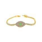 14K Solid Gold Pave Diamond Emerald Evil Eye Bracelet - Image 3