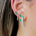 14K Solid Gold Diamond Pear Shaped Emerald Stud Earring - Image 2