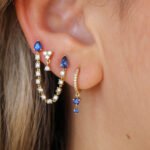 14K Solid Gold Diamond Sapphire Prong Double Drop Hoop Earring - Image 2