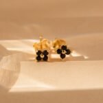 18k Solid Gold Black Onyx Flower Stud Earring - Image 5