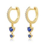 14K Solid Gold Diamond Sapphire Prong Double Drop Hoop Earring - Image 3
