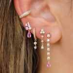 18k Gold Pink Sapphire Pear Moissanite Diamond Bar Earring - Image 2