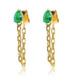 14K Solid Gold Emerald Chain Loop Earring - Image 3