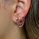 14K Solid Gold Diamond Double Ruby Connecting Earring - Image 2